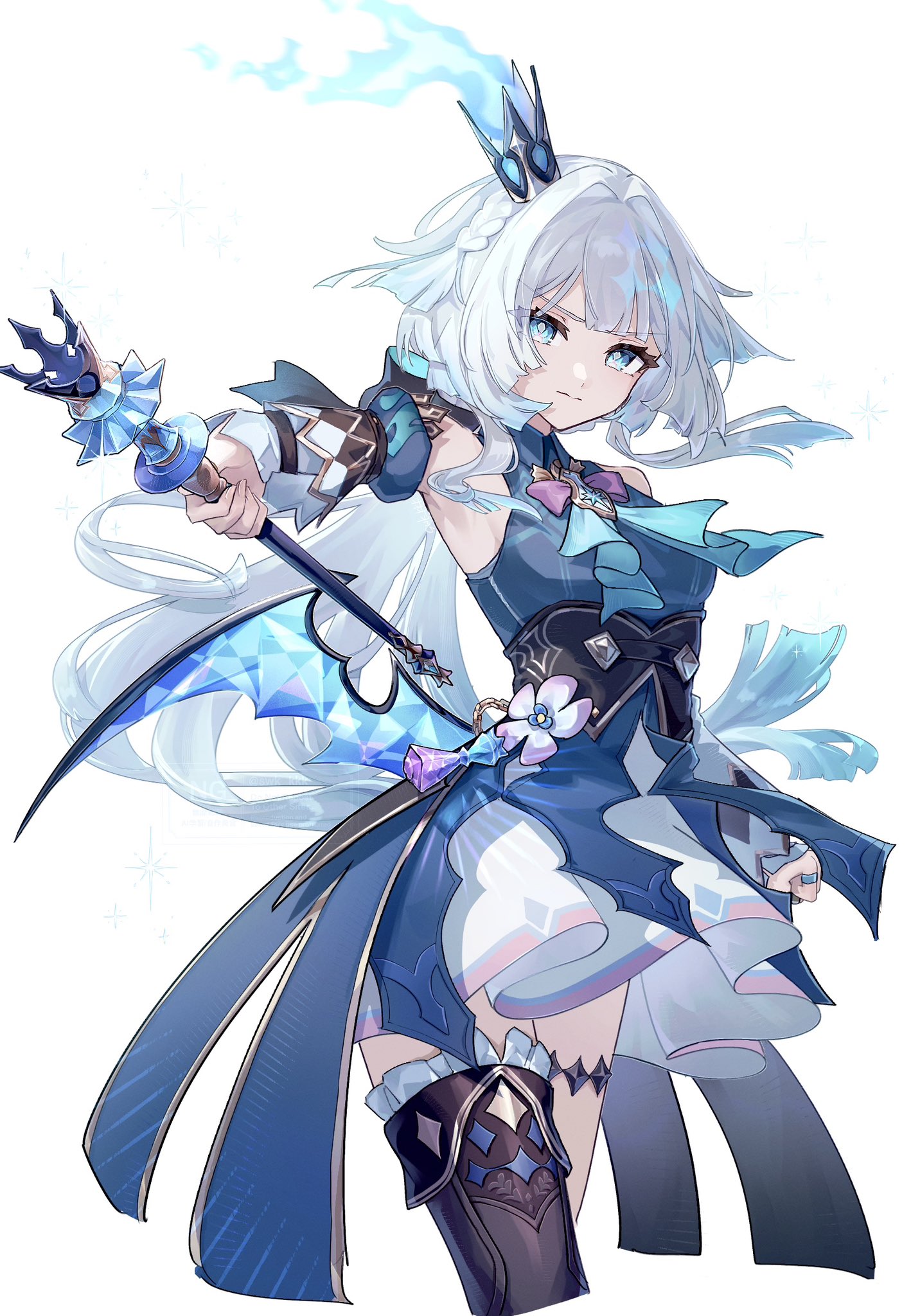 suwa (swk kkk), cerydra (honkai: star rail), honkai: star rail, honkai (series), commentary, highres, symbol-only commentary, 1girl, blue dress, blue eyes, blue fire, breasts, chess piece, closed mouth, cropped legs, crown, detached sleeves, diamond-shaped pupils, diamond (shape), dress, fire, floating hair, grey hair, holding, holding scepter, long hair, looking at viewer, medium breasts, mini crown, outstretched arm, scepter, simple background, single thighhigh, sleeveless, sleeveless dress, solo, symbol-shaped pupils, thighhighs, white background, wings