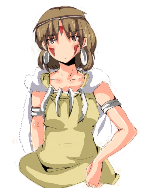 magukappu, san (mononoke hime), mononoke hime, studio ghibli, 1990s (style), brown eyes, brown hair, cape, earrings, facepaint, headband, jewelry, necklace, no nose, retro artstyle, short hair, simple background, solo, white background