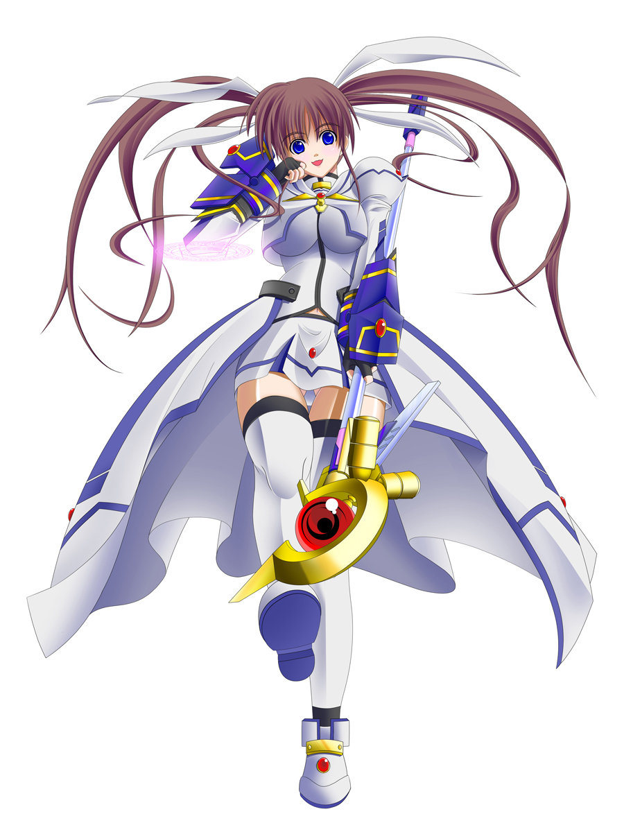 raising heart, raising heart (device mode) (1st), takamachi nanoha, takamachi nanoha (aggressor mode), takamachi nanoha (movie 1st mode), lyrical nanoha, mahou shoujo lyrical nanoha, mahou shoujo lyrical nanoha strikers, mahou shoujo lyrical nanoha the movie 1st, highres, 00s, 10s, 1girl, female focus, solo, thighhighs, twintails, zettai ryouiki