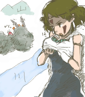 tu star, ashitaka, san (mononoke hime), yakul, mononoke hime, studio ghibli, bad id, bad pixiv id, lowres, 1990s (style), 1girl, bare shoulders, black eyes, breast padding, brown hair, facepaint, food, fruit, headband, hiding, retro artstyle, short hair, watermelon