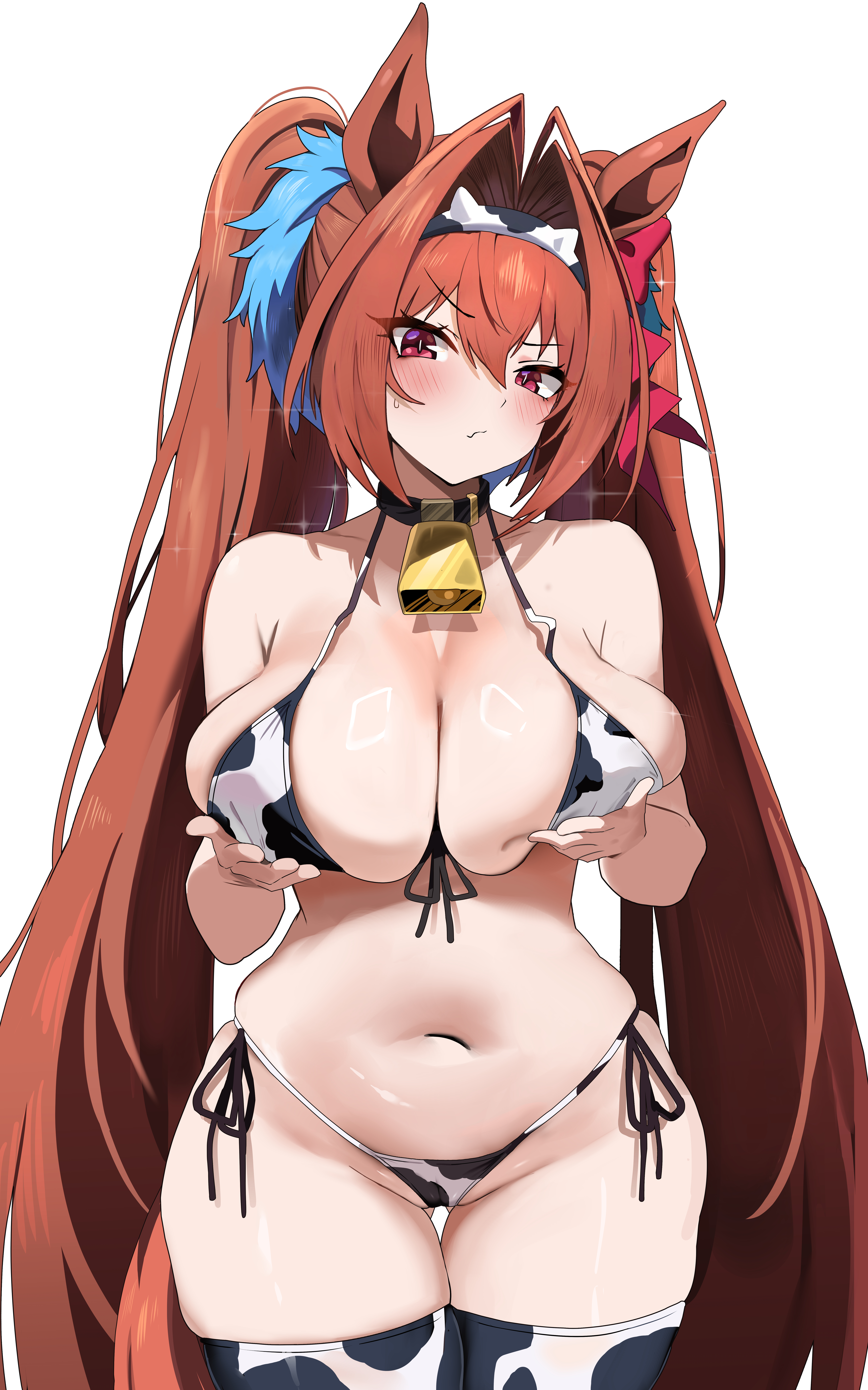 sylph kim, daiwa scarlet (umamusume), umamusume, absurdres, commentary, highres, 1girl, alternate costume, animal ears, animal print, armpit crease, arms under breasts, bare shoulders, bell, bikini, blush, breast lift, breasts, brown hair, choker, cleavage, collarbone, cow print, cow print bikini, cow print thighhighs, cowboy shot, curvy, fang, front-tie bikini top, front-tie top, gluteal fold, grabbing own breast, groin, hair between eyes, hair intakes, hair ribbon, hairband, halterneck, horse ears, horse girl, horse tail, huge breasts, long hair, looking at viewer, micro bikini, navel, neck bell, print bikini, print thighhighs, red eyes, red ribbon, ribbon, side-tie bikini bottom, sideboob, simple background, skin fang, skindentation, solo, stomach, string bikini, sweatdrop, swimsuit, tail, thigh gap, thighhighs, thighs, twintails, very long hair, white background