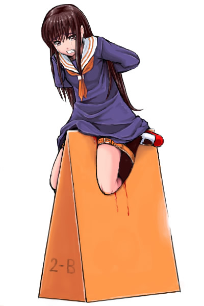 mayonnaise (ringo gakuen), original, bad id, bad pixiv id, 1girl, arms behind back, bdsm, belt, blood, bondage, bound, brown hair, female focus, kneehighs, long hair, pain, school uniform, serafuku, shoes, socks, solo, tears, torture, uwabaki, wooden horse