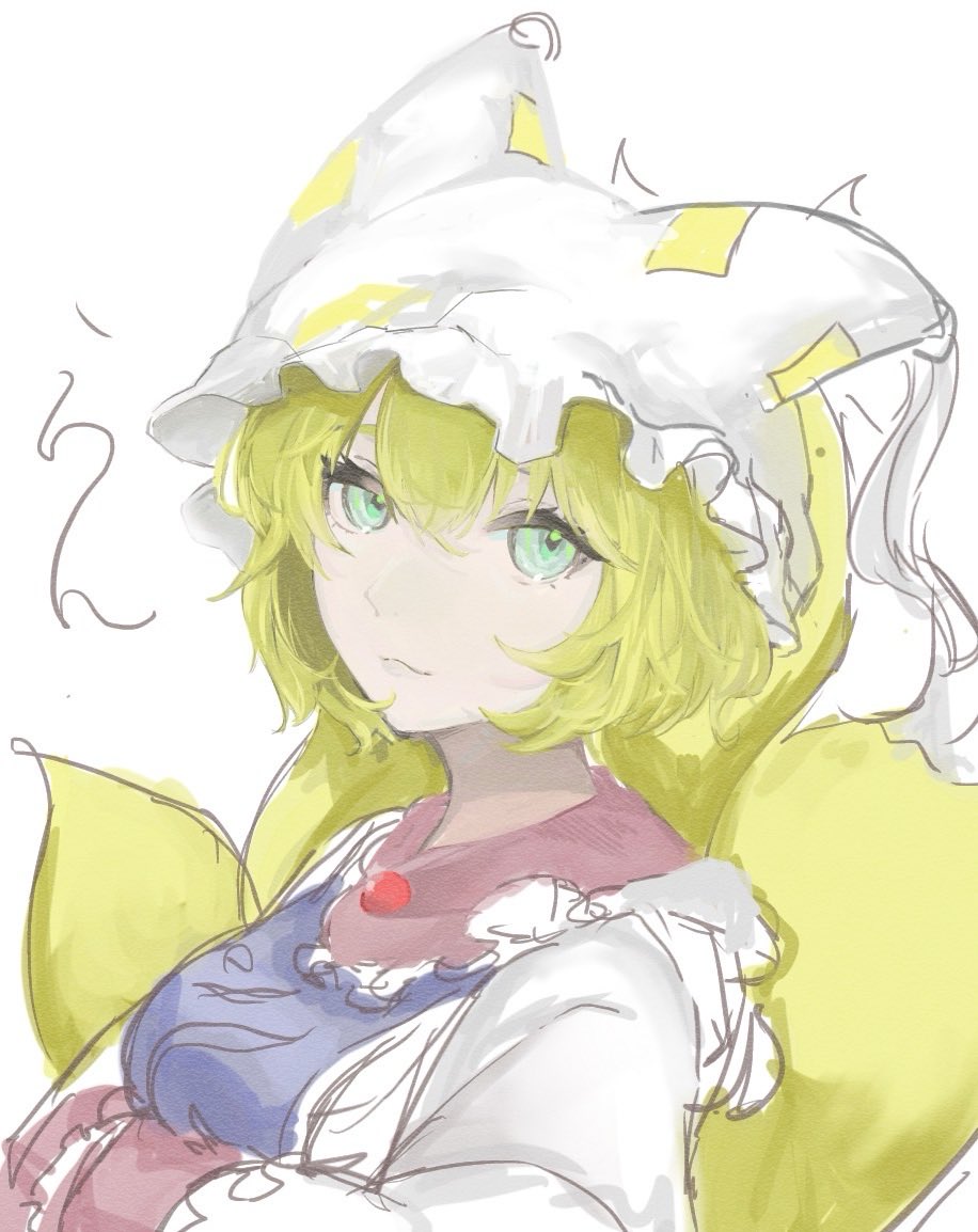 kon46965230, yakumo ran, touhou, commentary request, 1girl, aqua eyes, arms under breasts, blonde hair, breasts, closed mouth, double-parted bangs, eyebrows hidden by hair, fox tail, frills, hair between eyes, hands in opposite sleeves, hat, large breasts, light smile, looking at viewer, mob cap, multiple tails, short hair, simple background, solo, tail, upper body, white background