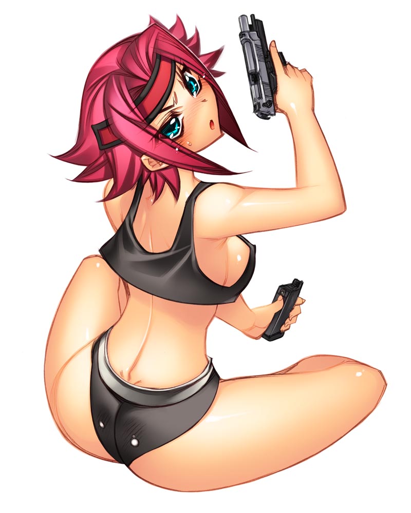 hiyohiyo, kouzuki kallen, code geass, 00s, 1girl, airsoft, back, beretta 92, black panties, black underwear (female), blue eyes, breasts, crop top, crop top overhang, female focus, gun, handgun, headband, locked slide, looking back, magazine (weapon), panties, pistol, red hair, reloading, semi-automatic pistol, short hair, sideboob, sitting, solo, tank top, trigger discipline, underwear, weapon