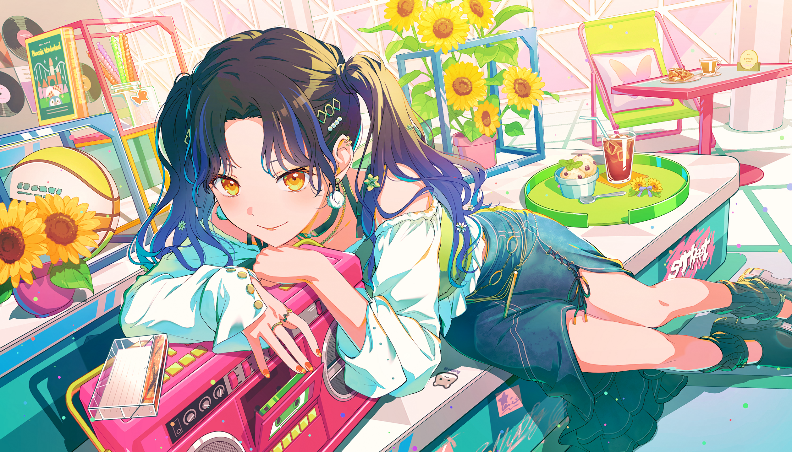 colorful palette, shiraishi an, project sekai, game cg, highres, official art, third-party source, 1girl, ball, black choker, black hair, black shoes, bloom festival (project sekai), blue hair, blue skirt, book, boombox, choker, closed mouth, cushion, drinking straw, earrings, flower, food, full body, glass, gradient hair, graffiti, hair flower, hair ornament, ice, ice cream, ice cube, jewelry, looking at viewer, medium hair, multicolored hair, official alternate costume, official alternate hairstyle, plant, pom pom (clothes), pom pom earrings, potted plant, shirt, shoes, skirt, smile, soda, solo, spoon, streaked hair, sunflower, table, twintails, vinyl record, white shirt, yellow eyes, yellow flower