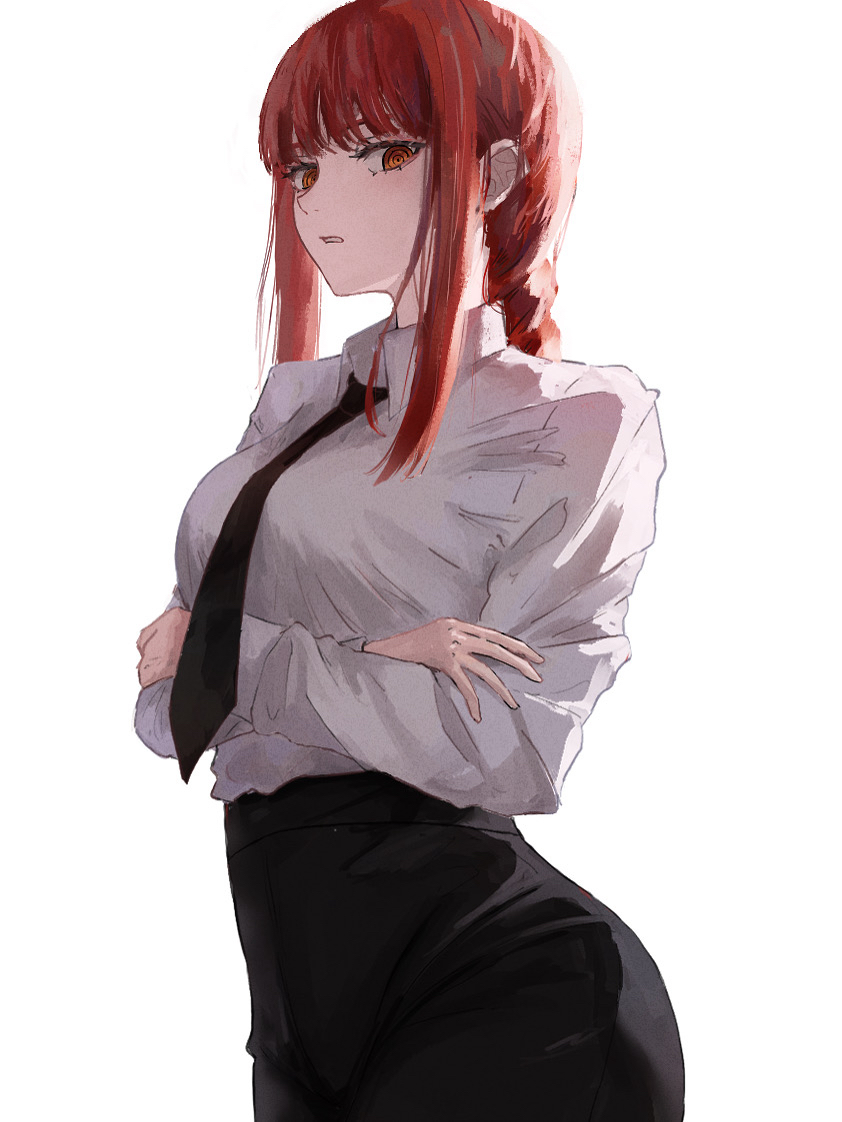 ushi yo, makima (chainsaw man), chainsaw man, 1girl, black necktie, black pants, braid, braided ponytail, collared shirt, high-waist pants, long hair, necktie, pants, red eyes, red hair, ringed eyes, shirt, shirt tucked in, sidelocks, simple background, solo, white background, white shirt