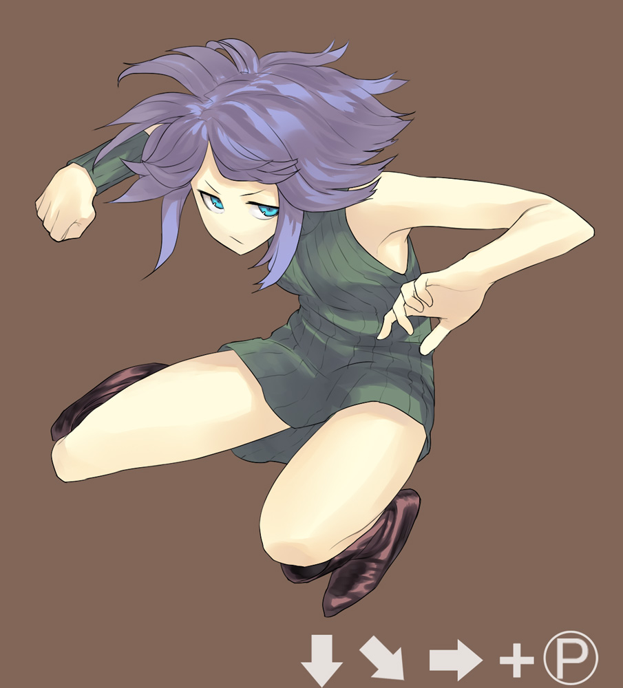 hama (22ji kara 24ji), original, blue eyes, boots, fighting stance, jumping, purple hair, short hair, solo, wristband