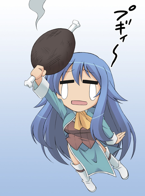 souto, sylpheed, zero no tsukaima, 00s, 1girl, arm up, ascot, blue background, blue hair, boned meat, boots, burnt, chibi, female focus, food, full body, gradient background, long hair, meat, no nose, solo, tabard, tears, white background