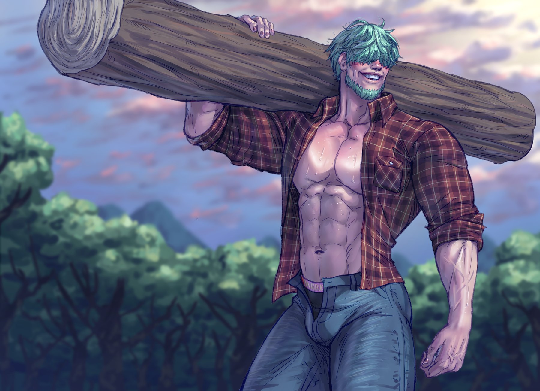 carless (ppanic), lowen (fire emblem), fire emblem, fire emblem: the blazing blade, nintendo, commentary, commission, english commentary, highres, 1boy, abs, alternate costume, alternate facial hair, alternate muscle size, bara, bare pectorals, blurry, blurry background, carrying over shoulder, collared shirt, denim, forest, green hair, hair over eyes, jeans, large pectorals, log, lumberjack, male focus, muscular, muscular male, nature, navel, open clothes, open fly, open shirt, outdoors, pants, pectorals, plaid clothes, plaid shirt, shirt, sleeves rolled up, sweat