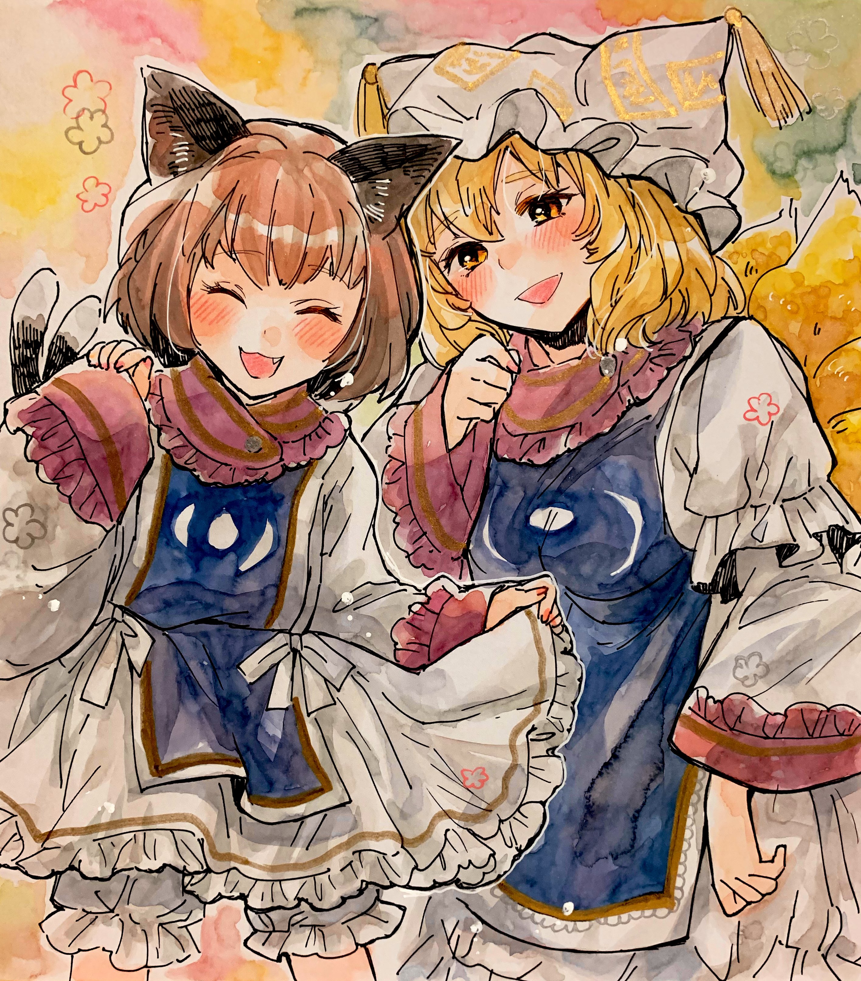 iori (akaringo), chen, yakumo ran, touhou, absurdres, commentary request, highres, 2girls, :d, animal ears, blonde hair, blue tabard, blush, brown hair, cat ears, cat tail, closed eyes, cosplay, dot nose, dress, fang, frills, hand up, happy, hat, long sleeves, medium hair, mob cap, multiple girls, multiple tails, nail polish, nekomata, no headwear, open mouth, orange eyes, red nails, short hair, simple background, smile, tabard, tail, two tails, white dress, wide sleeves, yakumo ran (cosplay)