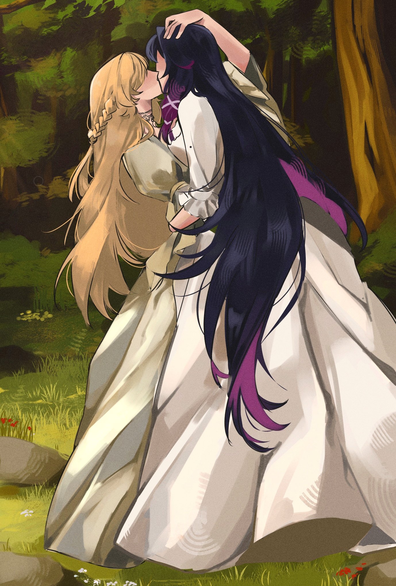columbina (genshin impact), sandrone (genshin impact), genshin impact, highres, 2girls, blonde hair, braid, day, dress, gyugyu 0, half up braid, hand on another's head, hand on another's waist, kiss, long dress, long hair, multiple girls, outdoors, purple hair, tree, white dress, yuri