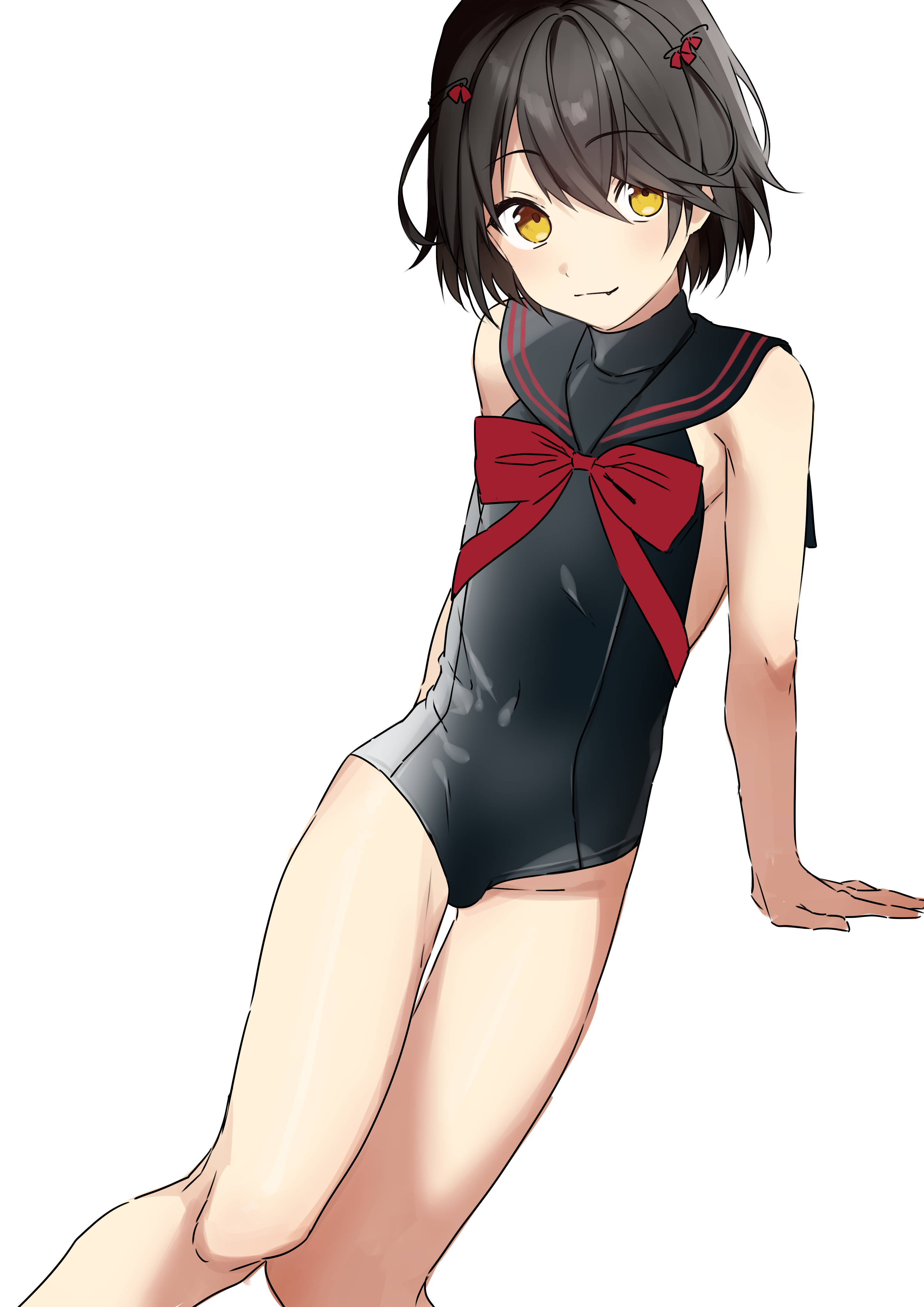 omiyacha, mashiro meme, nijisanji, absurdres, highres, 1boy, black hair, black one-piece swimsuit, black sailor collar, bow, bowtie, crossed bangs, hair ornament, hairclip, one-piece swimsuit, red bow, red bowtie, sailor collar, sailor one-piece swimsuit, sitting, solo, swimsuit, white background, yellow eyes