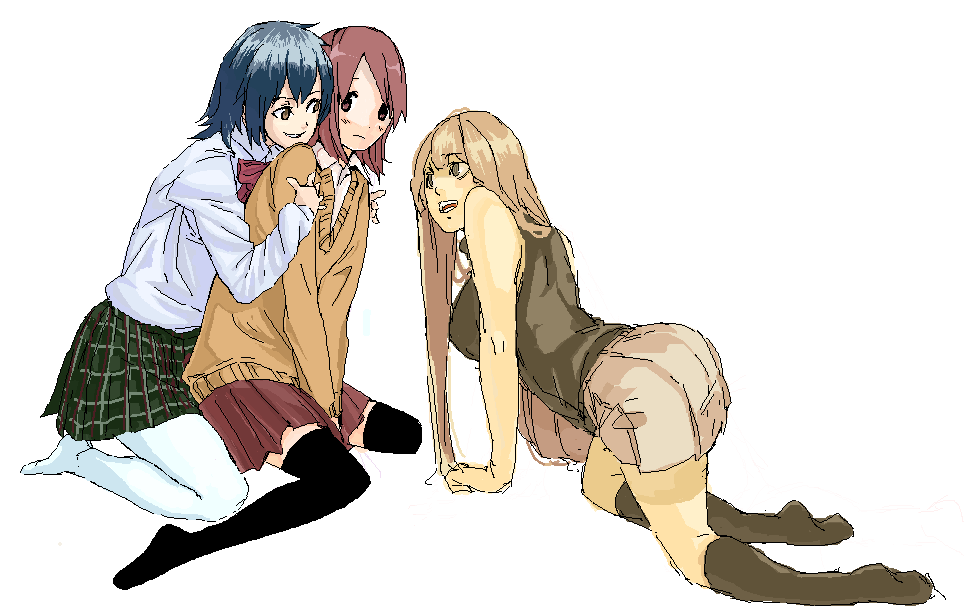 akira tsuta, original, 3girls, kneehighs, multiple girls, pantyhose, school uniform, socks, sweater, thighhighs, white pantyhose, zettai ryouiki