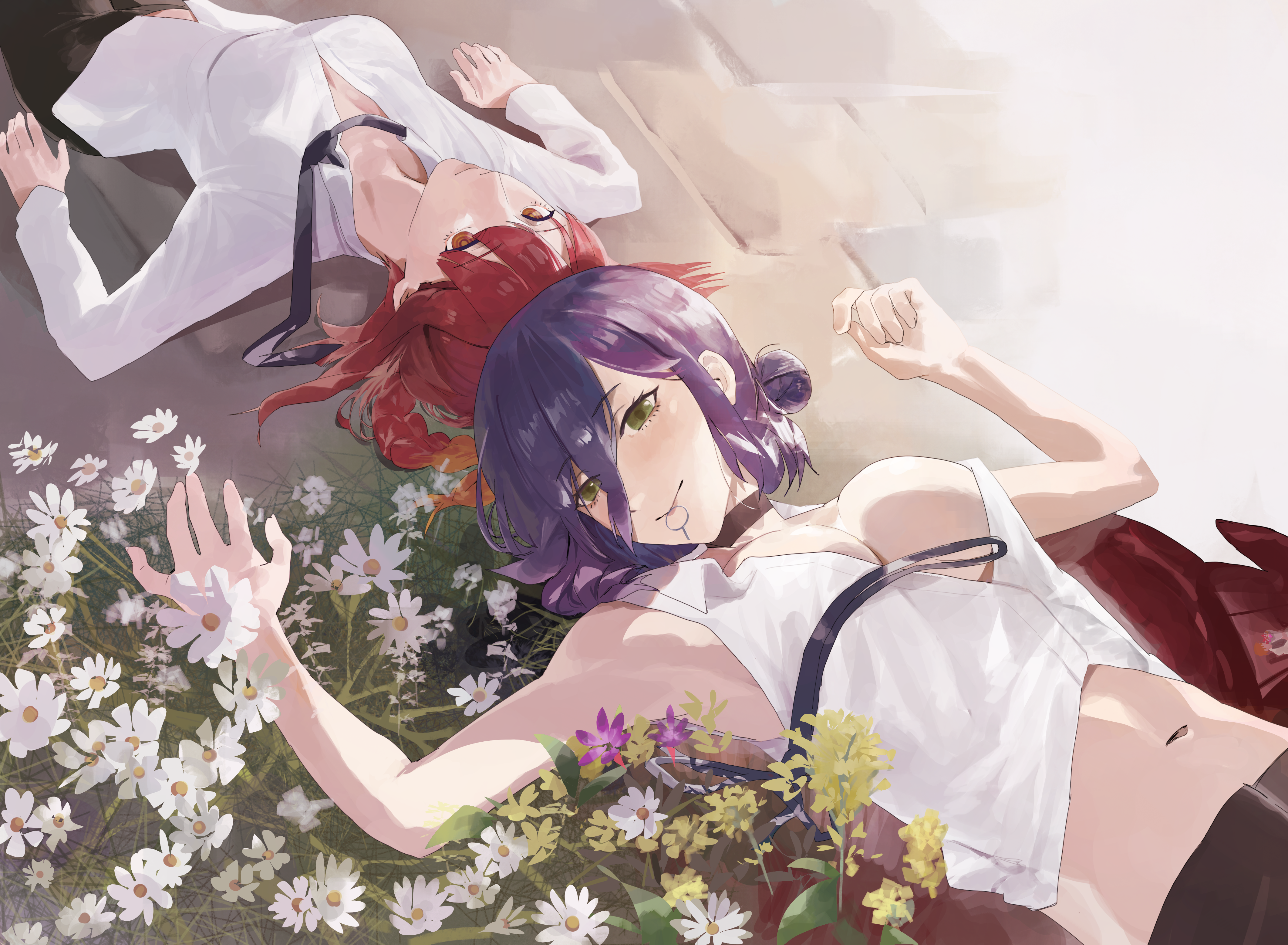 havoconelust, makima (chainsaw man), reze (chainsaw man), chainsaw man, absurdres, highres, 2girls, black choker, black necktie, black pants, breasts, choker, flower, green eyes, grenade pin, hair bun, long hair, long sleeves, lying, medium breasts, multiple girls, navel, neck ribbon, necktie, on back, orange eyes, pants, purple hair, ribbon, shirt, sleeveless, sleeveless shirt, undone neck ribbon, white flower, white shirt