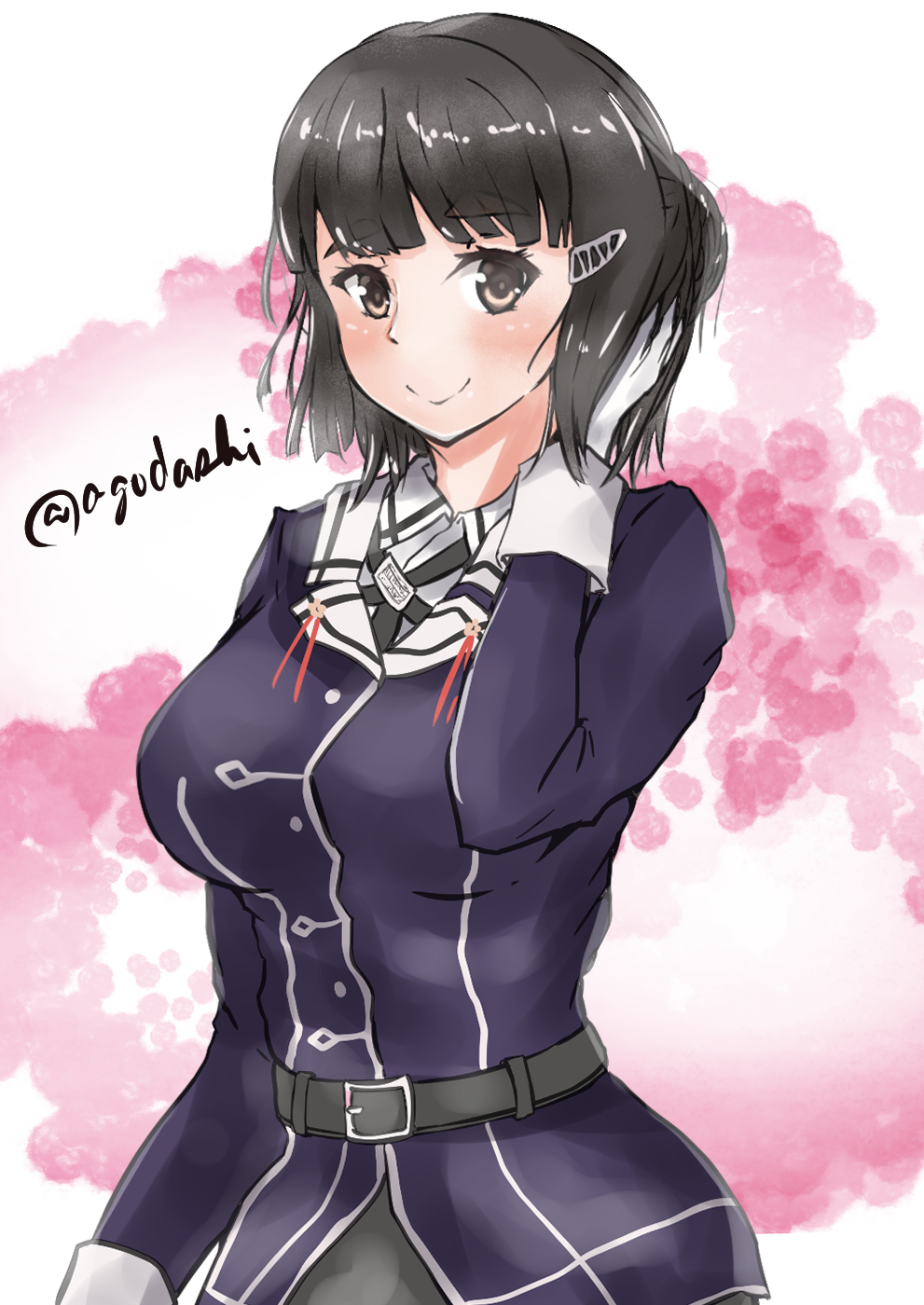 agodashi, myoukou (kancolle), myoukou kai ni (kancolle), kantai collection, highres, 1girl, black eyes, black hair, collared shirt, dress shirt, hair bun, hair ornament, hairclip, jacket, military uniform, one-hour drawing challenge, purple jacket, shirt, short hair, smile, solo, twitter username, upper body, white shirt