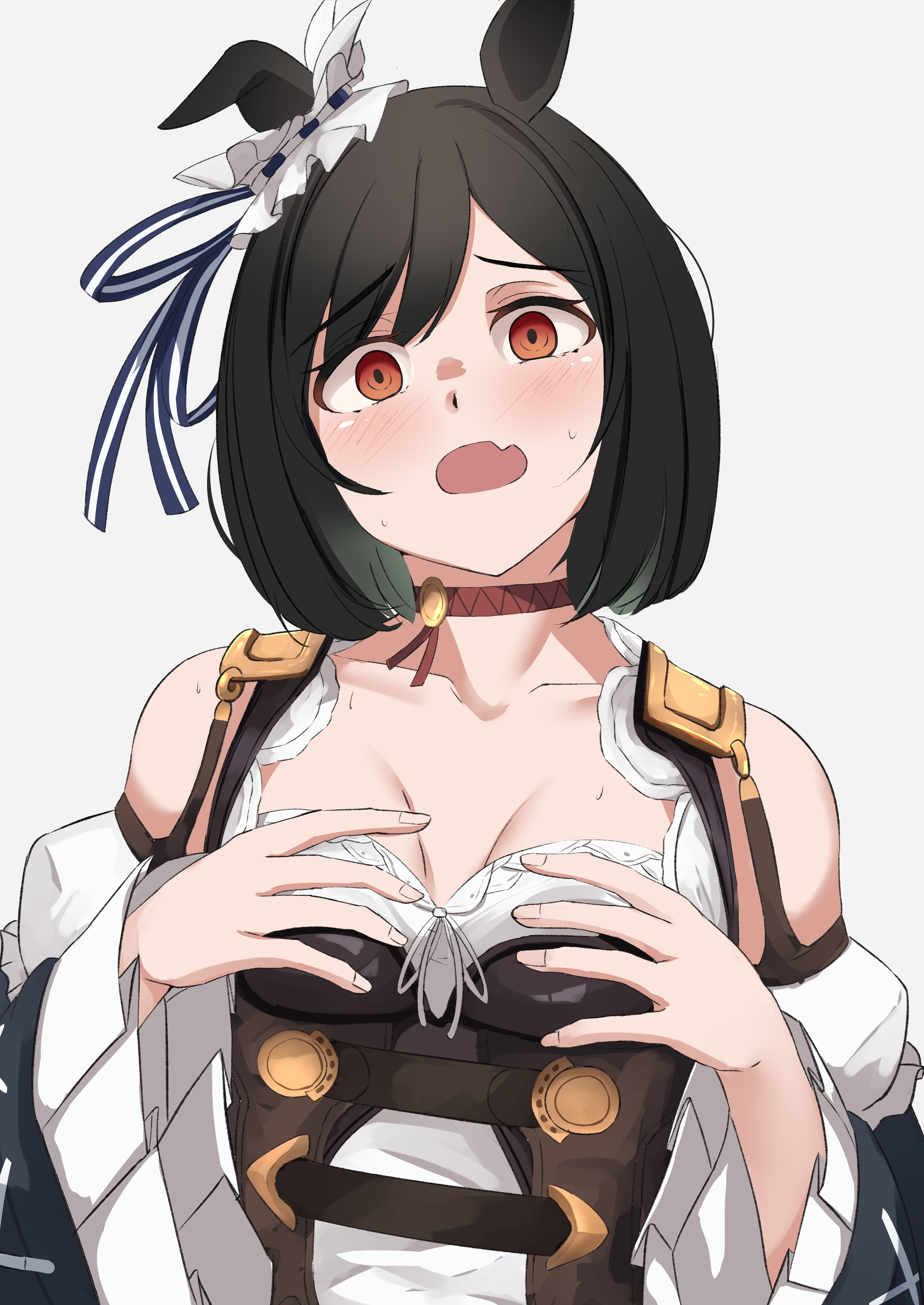 butter curry, eishin flash (meisterschaft) (umamusume), eishin flash (umamusume), mifune shioriko, love live!, love live! nijigasaki high school idol club, umamusume, absurdres, highres, 1girl, animal ears, breasts, cleavage, cosplay, detached sleeves, eishin flash (umamusume) (cosplay), german clothes, horse ears, horse girl, looking at viewer, open mouth, red eyes, solo, upper body, white background