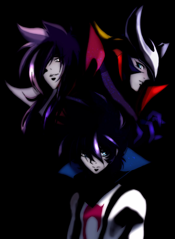 akira-riku, araki shingo, umakoshi yoshihiko, casshern, dio, leda (casshern sins), casshern (series), casshern sins, bad id, bad pixiv id, 00s, 1girl, 2boys, black hair, bow, bowtie, dark, helmet, long sleeves, looking at viewer, military, military uniform, multiple boys, red bow, red bowtie, short hair, upper body