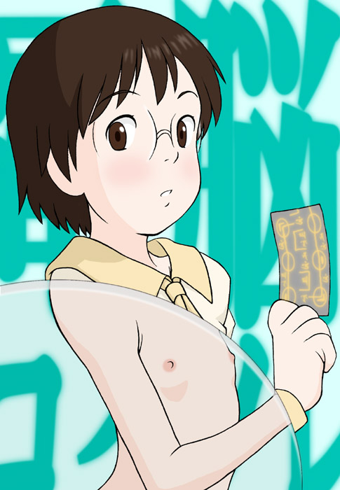 kada yuki, okonogi yuuko, dennou coil, 00s, 1girl, augmented reality, breasts, brown eyes, brown hair, copyright name, female focus, flat chest, glasses, glasses view, loli, looking at viewer, metatag, nipples, school uniform, see-through clothes, short hair, small areolae, small nipples, solo, x-ray, x-ray glasses, x-ray vision