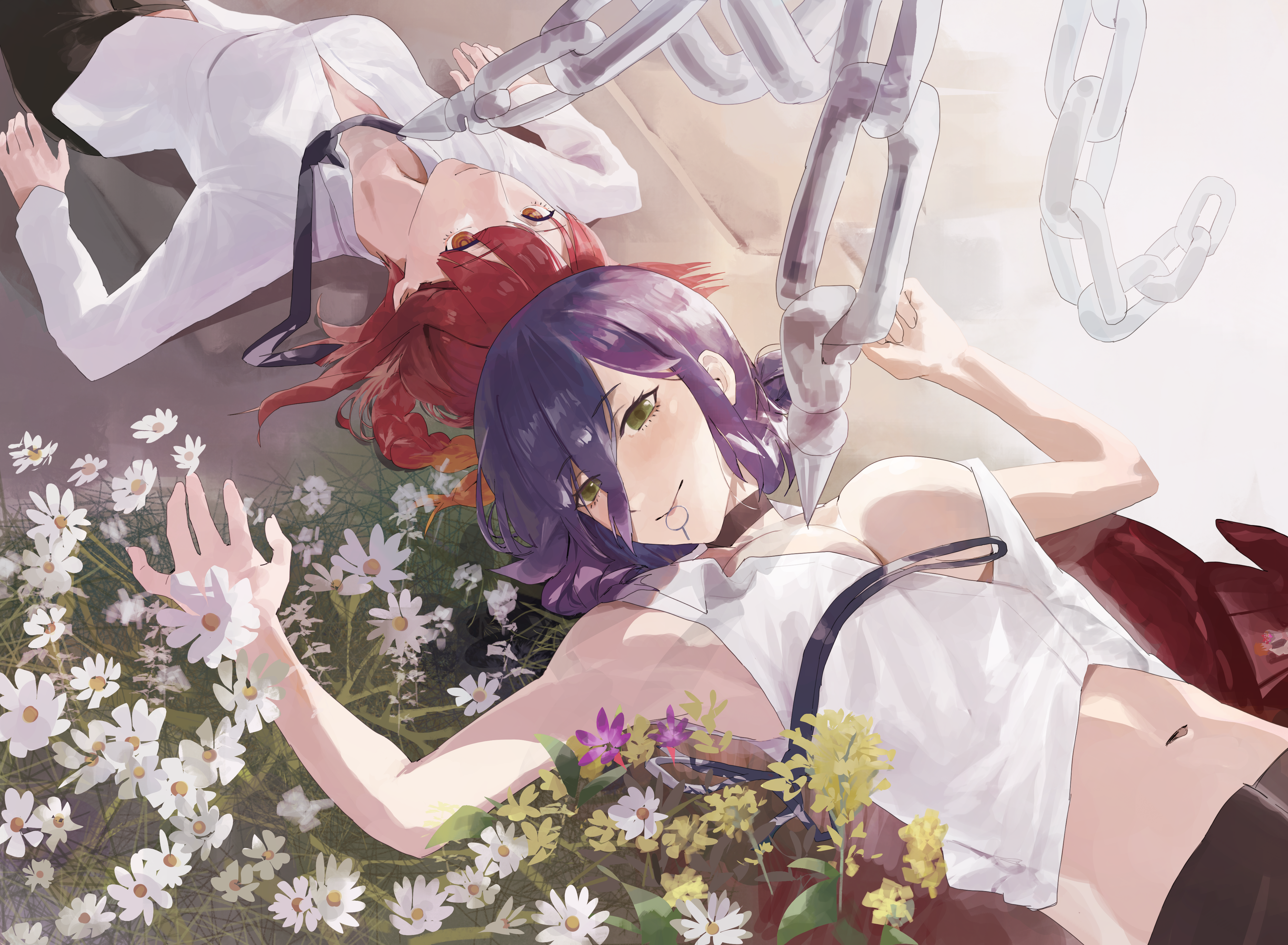 havoconelust, makima (chainsaw man), reze (chainsaw man), chainsaw man, absurdres, highres, 2girls, black choker, black necktie, black pants, breasts, chain, choker, flower, green eyes, grenade pin, hair bun, long hair, long sleeves, lying, medium breasts, multiple girls, navel, neck ribbon, necktie, on back, orange eyes, pants, purple hair, ribbon, shirt, sleeveless, sleeveless shirt, undone neck ribbon, white flower, white shirt