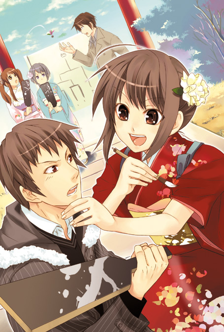 fujimura kyuu, asahina mikuru, koizumi itsuki, kyon, nagato yuki, suzumiya haruhi, suzumiya haruhi no yuuutsu, 00s, 2boys, 3girls, brown eyes, brown hair, calligraphy brush, flower, hair flower, hair ornament, japanese clothes, kimono, multiple boys, multiple girls, paintbrush, short hair, torii, yukata