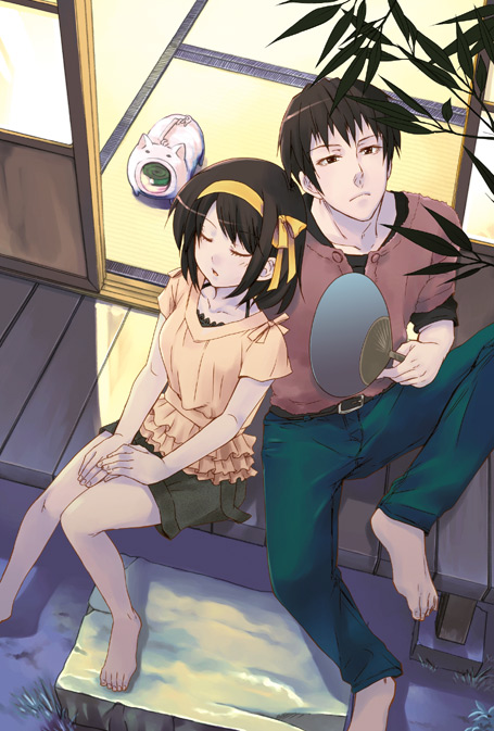 fujimura kyuu, kyon, suzumiya haruhi, suzumiya haruhi no yuuutsu, 00s, 1boy, 1girl, brown eyes, brown hair, casual, closed eyes, couple, hairband, hand fan, incense, mosquito coil, paper fan, short hair, sitting, uchiwa, veranda