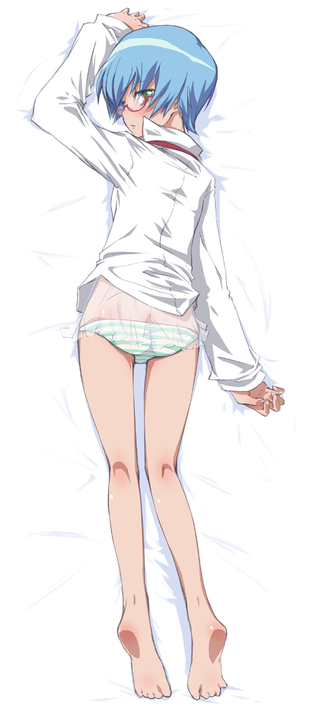 waon (artist), tabitha (zero no tsukaima), zero no tsukaima, highres, 00s, 1girl, barefoot, blue hair, female focus, glasses, panties, short hair, solo, striped clothes, striped panties, underwear