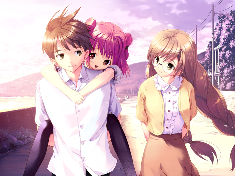 ueda ryou, hinata asahi, hinata yuuhi, soshite ashita no sekai yori, game cg, 1boy, 2girls, braid, glasses, multiple girls, piggyback, pink hair, sky, twin braids