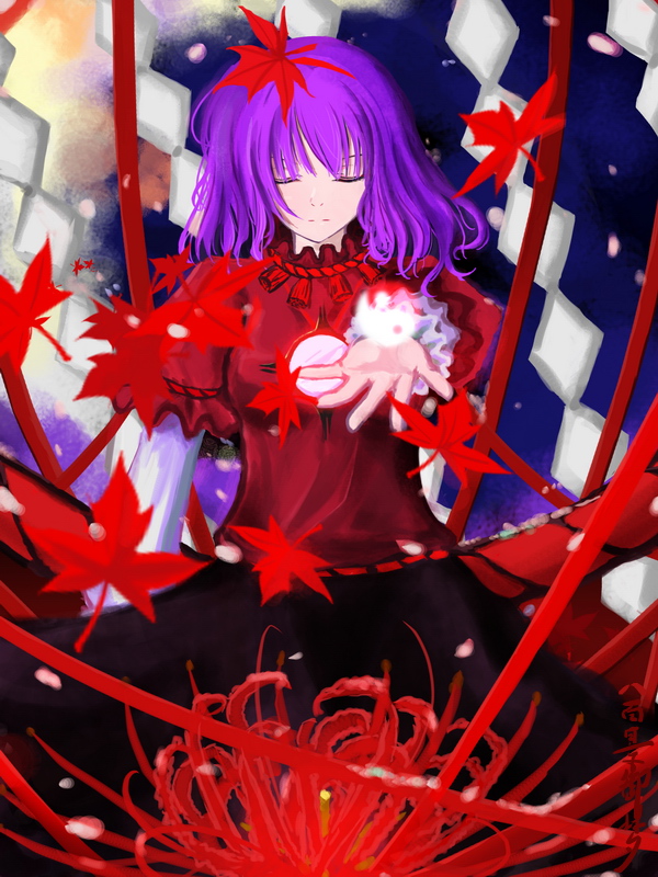 illusionk, yasaka kanako, touhou, 1girl, closed eyes, female focus, flower, hair ornament, leaf, leaf hair ornament, purple hair, shide, solo