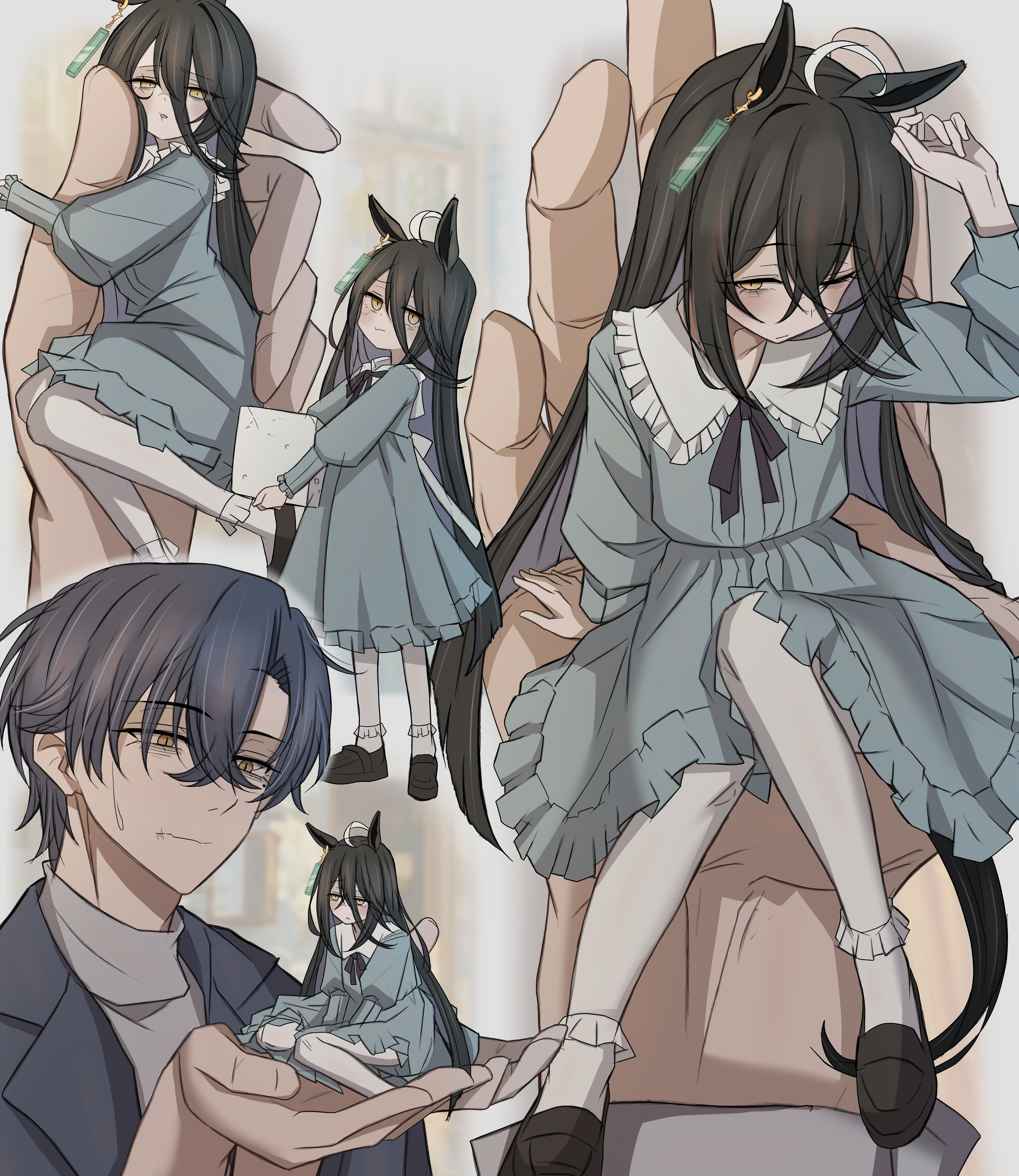 leogust, manhattan cafe (umamusume), trainer (umamusume), umamusume, absurdres, commentary request, highres, 1boy, 1girl, ahoge, alternate costume, animal ears, black hair, black shoes, blue dress, blue jacket, blush, carrying, carrying person, closed mouth, collar, crossed bangs, dress, grey shirt, hair between eyes, horse ears, horse girl, horse tail, jacket, long bangs, long hair, looking at viewer, mini person, minigirl, multicolored hair, multiple views, one eye closed, pantyhose, purple hair, shirt, shoes, short hair, sidelocks, standing, streaked hair, sweatdrop, tail, turtleneck, turtleneck shirt, white collar, white pantyhose, yellow eyes