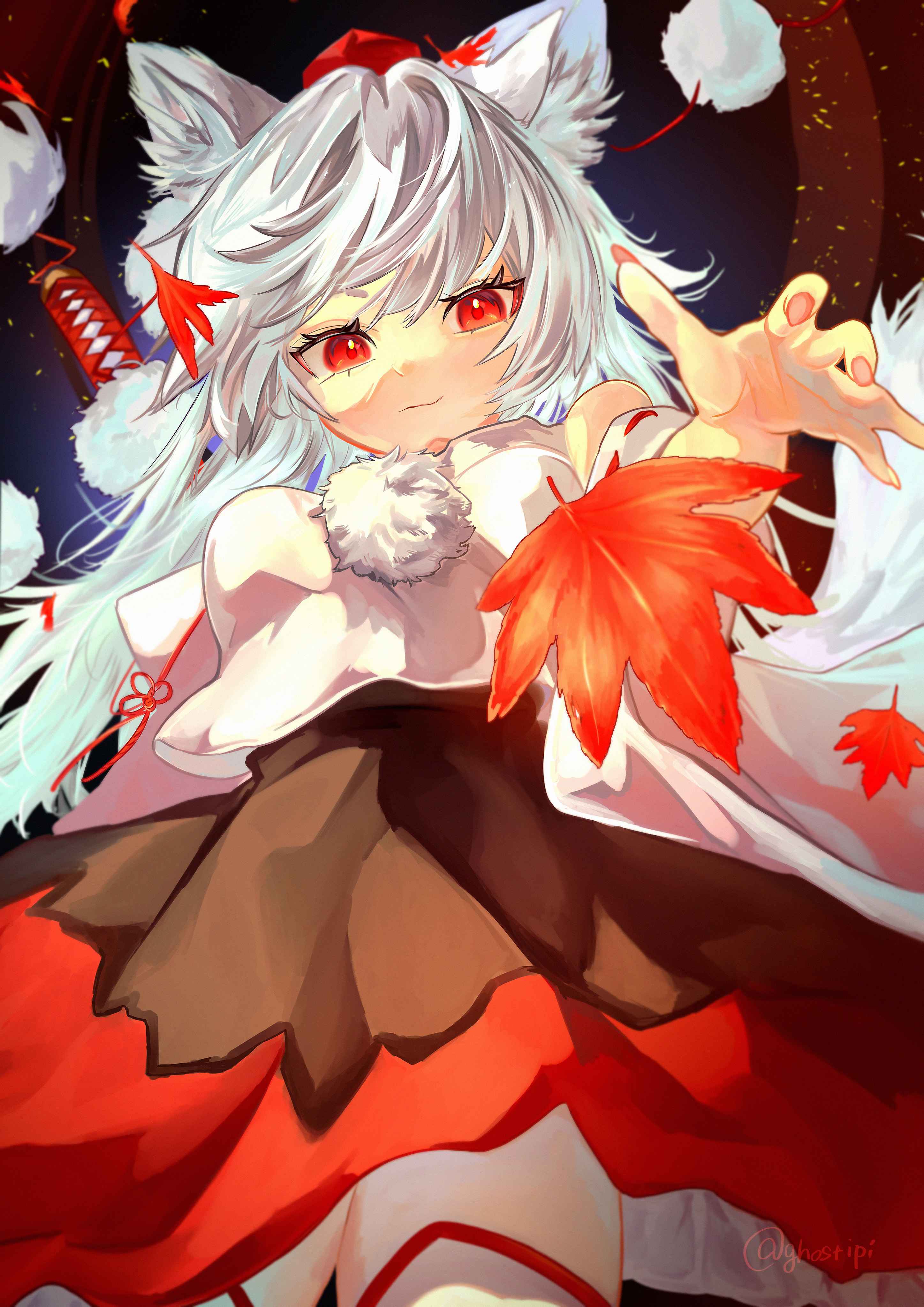 ipi-molcar, inubashiri momiji, touhou, absurdres, highres, 1girl, animal ear fluff, animal ears, autumn leaves, leaf, looking at viewer, reaching, reaching towards viewer, red eyes, short hair, solo, white hair, wolf ears, wolf girl