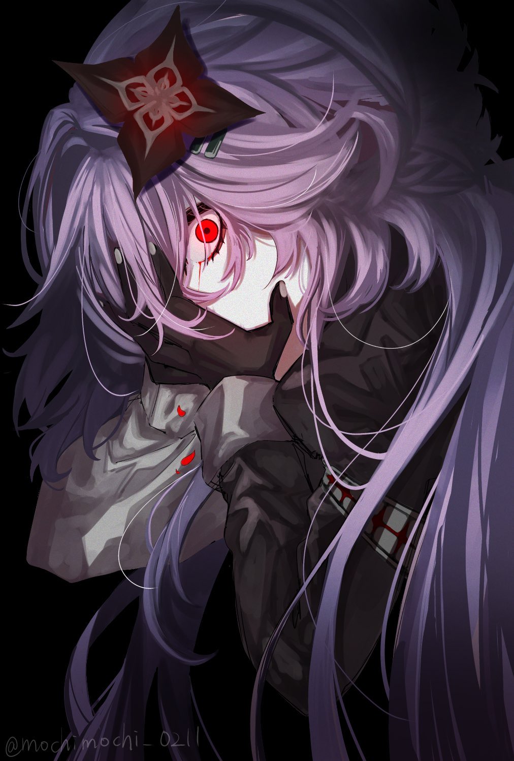 evernight (honkai: star rail), march 7th (honkai: star rail), honkai: star rail, honkai (series), highres, 1girl, black background, flower, from side, gloves, hair flower, hair ornament, hairclip, hand on own face, long hair, looking at viewer, mochimochi 0211, parallel hairclips, pink hair, red eyes, twitter username, very long hair