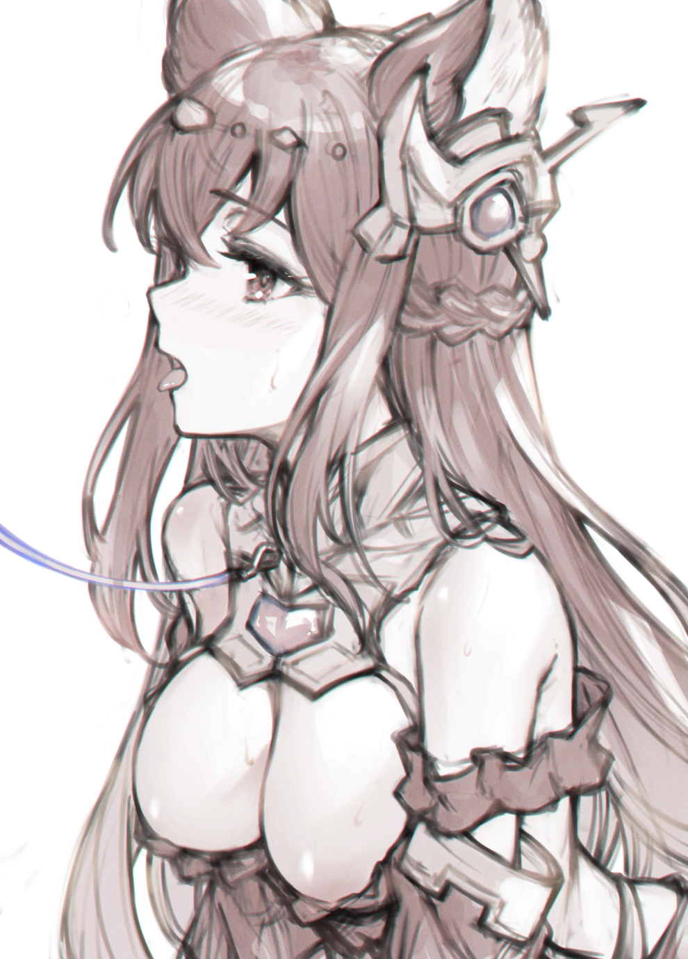 koretsuki azuma, anthuria, granblue fantasy, highres, 1girl, animal ears, bare shoulders, blush, braid, breasts, erune, frills, leash, long hair, medium breasts, red eyes, red hair, sepia, side braid, sketch, solo, spot color, sweatdrop, tongue, tongue out, upper body, very long hair