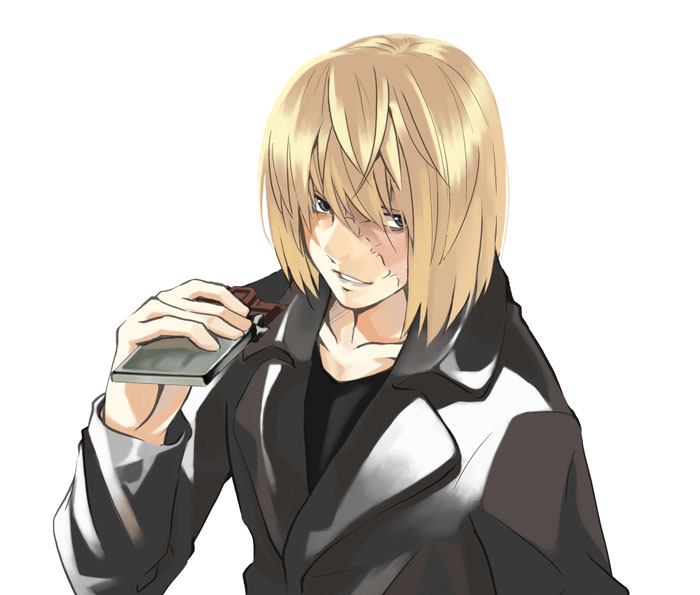 kabocha, kabocha (monkey4), mello (death note), death note, 00s, 1boy, blonde hair, burn scar, candy, chocolate, chocolate bar, food, male focus, scar, scar across eye, scar on face, short hair, simple background, solo, upper body, white background