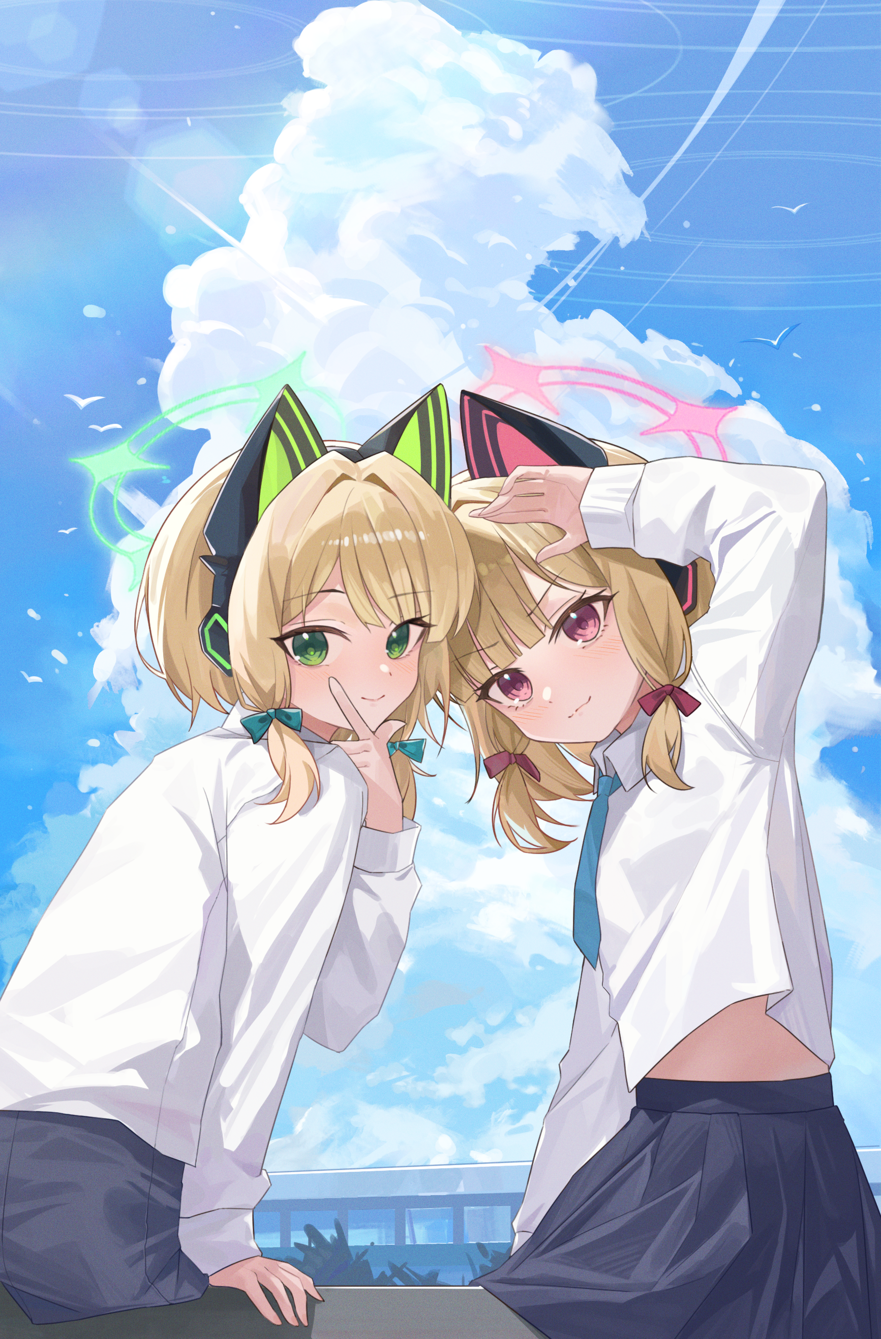 manjie, midori (blue archive), momoi (blue archive), blue archive, absurdres, chinese commentary, commentary, highres, 2girls, animal ear headphones, animal ears, arm support, arm up, black skirt, blonde hair, blue necktie, blue sky, blunt bangs, blush, bow, cat ear headphones, cat ears, closed mouth, cloud, cloudy sky, collared shirt, day, fake animal ears, green bow, green eyes, green halo, hair bow, hair intakes, halo, hand up, headphones, l hand, long sleeves, looking at viewer, looking back, low-tied sidelocks, midriff peek, multiple girls, necktie, outdoors, parted bangs, pink eyes, pink halo, red bow, shirt, short hair, siblings, sidelocks, sisters, sitting, skirt, sky, smile, turning head, twins, white shirt