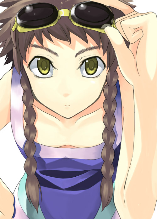 kabocha, kabocha (monkey4), minagi mikoto, my-hime, my-otome, eyebrows, 00s, 1girl, adjusting goggles, bent over, braid, brown hair, female focus, flat chest, goggles, goggles on head, hand on own hip, leaning forward, long hair, looking at viewer, solo, swimsuit, twin braids, yellow eyes