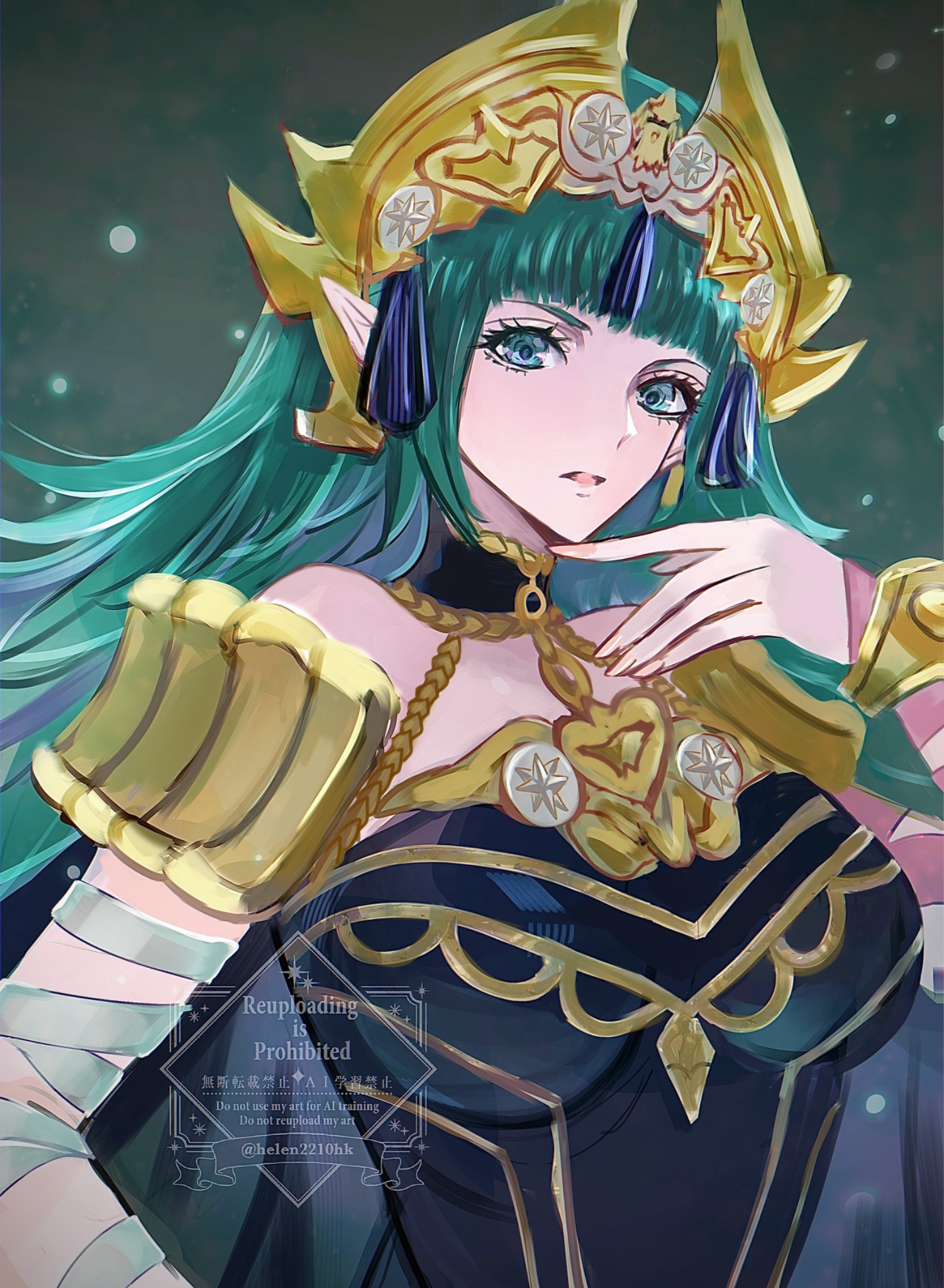helen (helen2210hk), sothis (adult) (fire emblem), sothis (fire emblem), fire emblem, fire emblem: fortune's weave, nintendo, highres, 1girl, arm wrap, breasts, dress, green eyes, green hair, hair ornament, headpiece, long hair, looking at viewer, medium breasts, parted lips, pointy ears, purple dress, ribbon, simple background, solo, tassel, tassel hair ornament, tiara, upper body