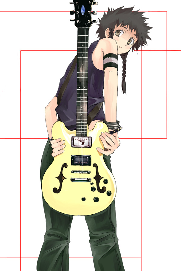 kabocha, kabocha (monkey4), mikoto (my-otome), minagi mikoto, my-hime, my-otome, 00s, 1girl, armband, back, black hair, blush, bracelet, braid, brown eyes, brown hair, female focus, from behind, grey eyes, guitar, instrument, jewelry, looking back, solo, twin braids