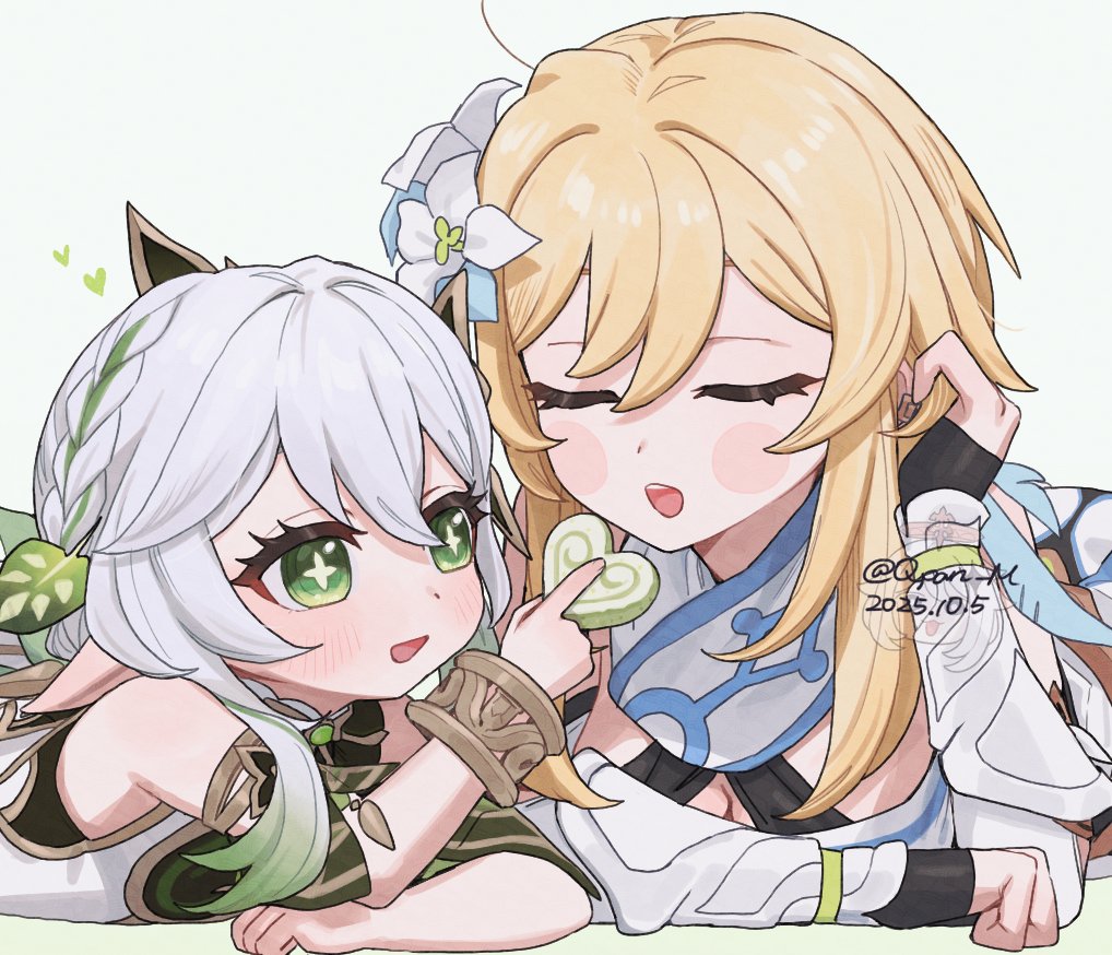 q (oshikuraq), lumine (genshin impact), nahida (genshin impact), genshin impact, commentary request, 2girls, :d, bare shoulders, blonde hair, blush, bracelet, closed eyes, cross-shaped pupils, dated, feeding, flower, gradient hair, green eyes, green hair, hair between eyes, hair flower, hair ornament, hand in own hair, hand up, jewelry, leaf hair ornament, long hair, looking at viewer, lying, multicolored hair, multiple girls, on stomach, open mouth, pointy ears, short hair with long locks, simple background, sleeveless, smile, symbol-shaped pupils, twitter username, white background, white flower, white hair