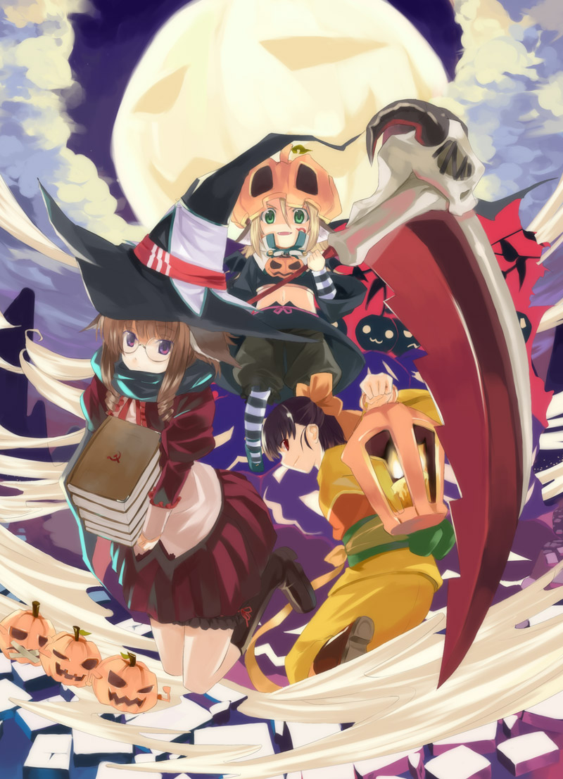 kabocha, kabocha (monkey4), kemomimi megane shisho-san, original, striped, 3girls, book, full moon, glasses, halloween, hat, jack-o'-lantern, lantern, moon, multiple girls, pumpkin, scarf, scythe, witch hat