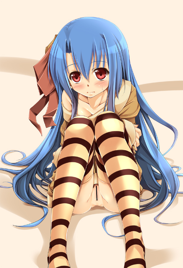fct, sara da pranzo, sdp, rocbouquet, rocbouquet (saga), romancing saga, romancing saga 2, saga, 1girl, blue hair, blush, censored, female focus, long hair, no panties, red eyes, sitting, solo, striped clothes, striped thighhighs, thighhighs