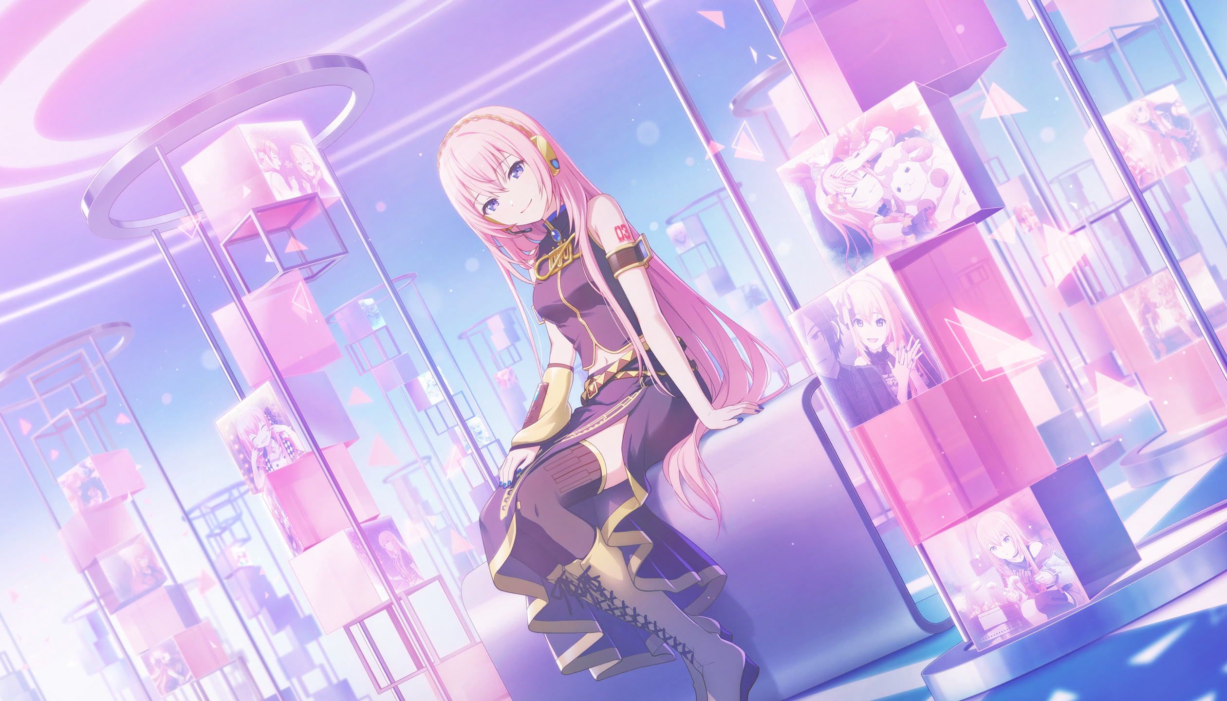 colorful palette, 25-ji kaito, 25-ji luka, kaito (vocaloid), leo/need luka, megurine luka, meiko (vocaloid), mochizuki honami, more more jump! luka, tenma saki, vivid bad squad luka, wonderlands x showtime luka, project sekai, vocaloid, game cg, highres, official art, third-party source, 1girl, arm tattoo, black shirt, black skirt, bloom festival (project sekai), blue nails, blurry, bokeh, boots, breasts, brooch, closed mouth, depth of field, detached sleeves, fingernails, full body, hair between eyes, jewelry, long hair, nail polish, number tattoo, pink hair, pink theme, purple eyes, shirt, side slit, single detached sleeve, sitting, skirt, sleeveless, sleeveless shirt, smile, solo, tattoo, triangle, yellow boots, yellow sleeves