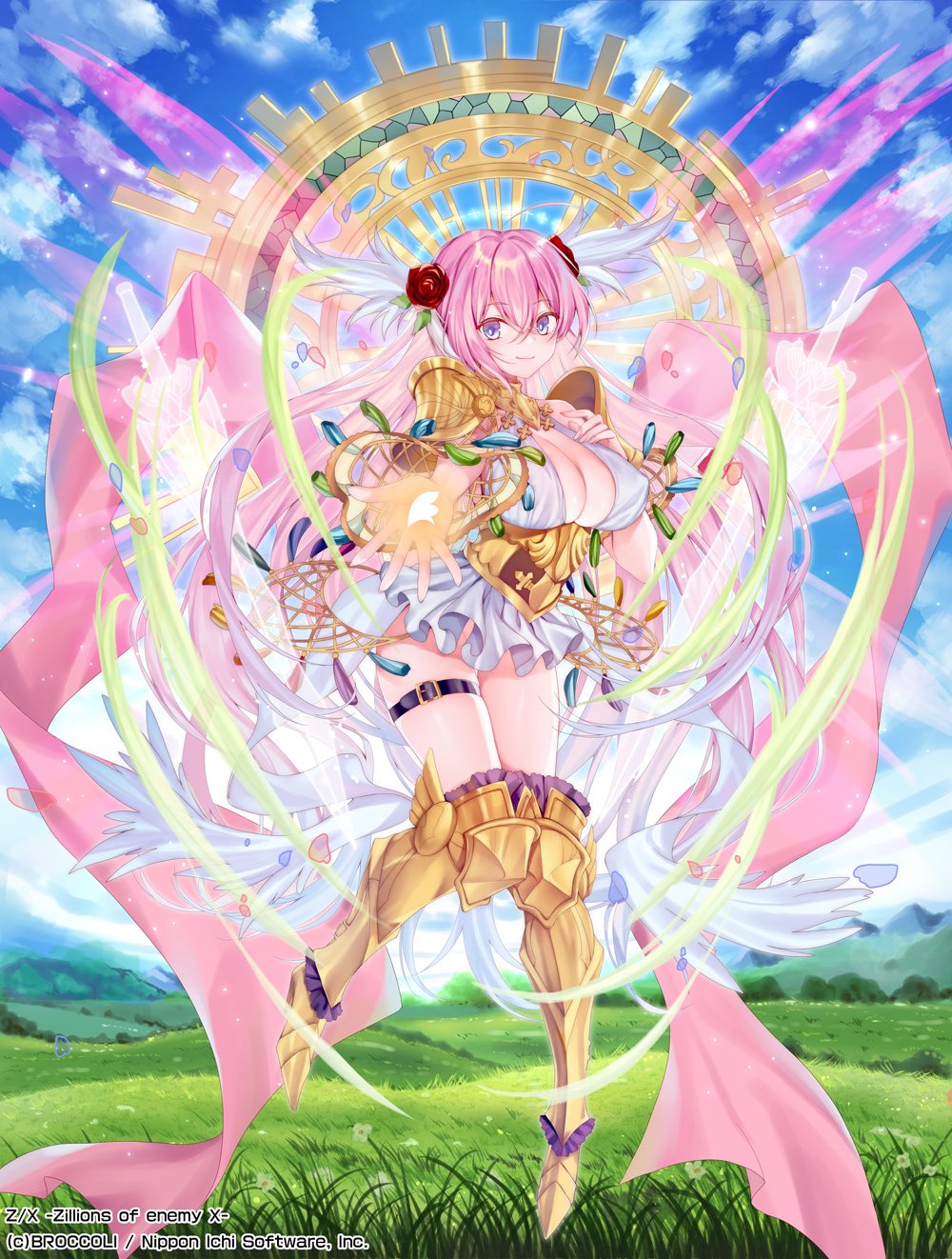 weisuoxin, michael (z/x), z/x, highres, official art, 1girl, ahoge, angel, angel wings, armor, armored boots, blue eyes, blue sky, boots, breasts, cleavage, cleavage cutout, closed mouth, clothing cutout, cloud, cloudy sky, copyright notice, flower, grasslands, hair flower, hair ornament, head wings, huge breasts, long hair, outdoors, pink hair, shoulder armor, sky, solo, thigh strap, very long hair, wings