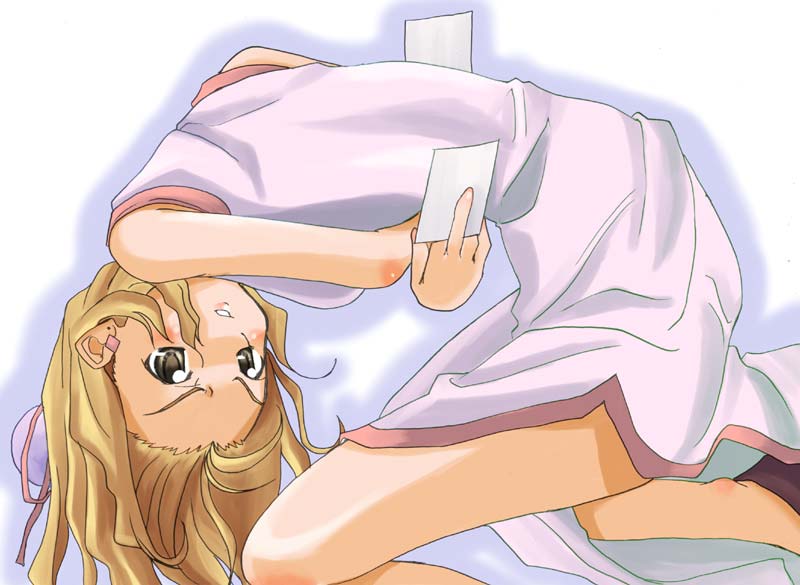 kabocha, kabocha (monkey4), michelle cheung, r.o.d the tv, read or die, 00s, 1girl, blonde hair, china dress, chinese clothes, dress, female focus, long hair, outline, simple background, solo, upside-down, white background