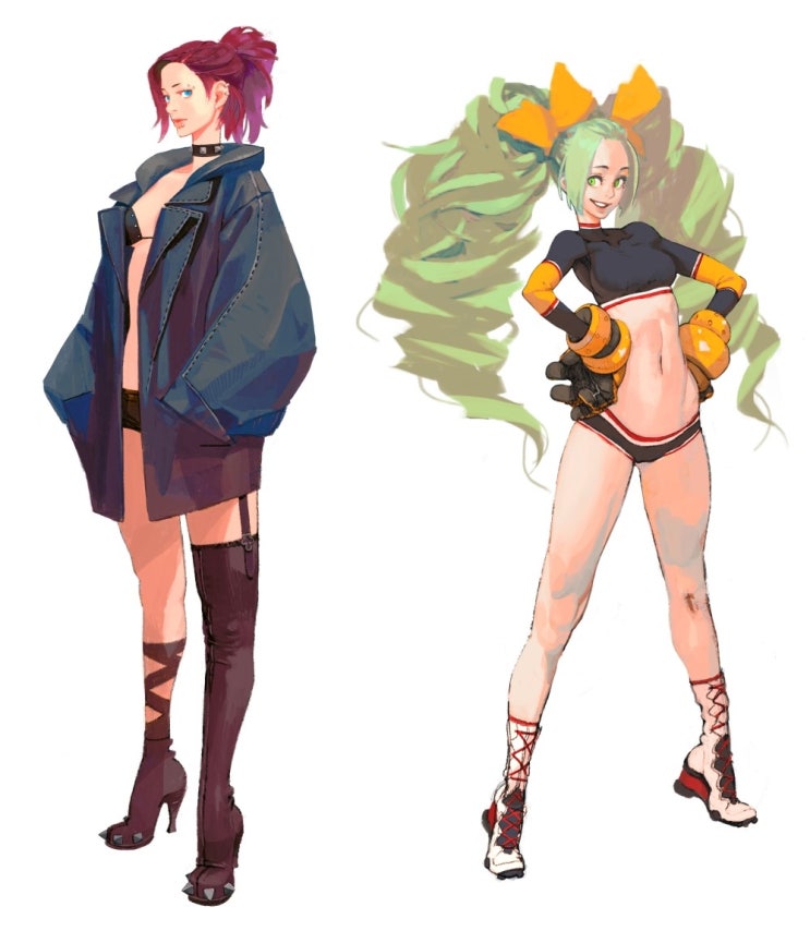 artist request, character request, tagme, 2girls, breasts, jacket, medium breasts, midriff, multiple girls, navel, piercing, short shorts, shorts, smile