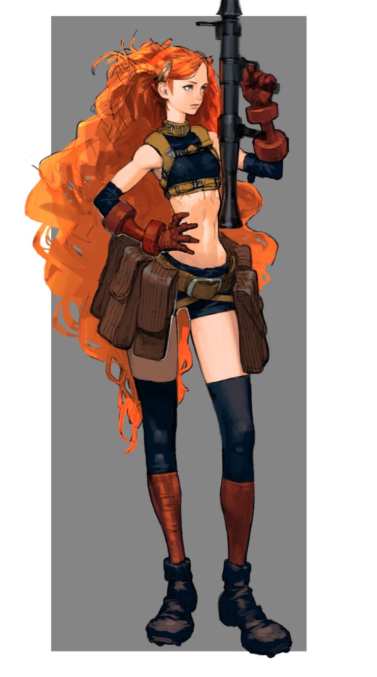 artist request, character request, tagme, 1girl, bazooka, midriff, orange hair, shorts, weapon