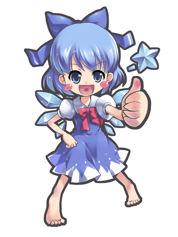 morujii, cirno, embodiment of scarlet devil, touhou, bad id, bad pixiv id, 1girl, barefoot, chibi, dress, female focus, full body, heart, simple background, solo, thumbs up, white background