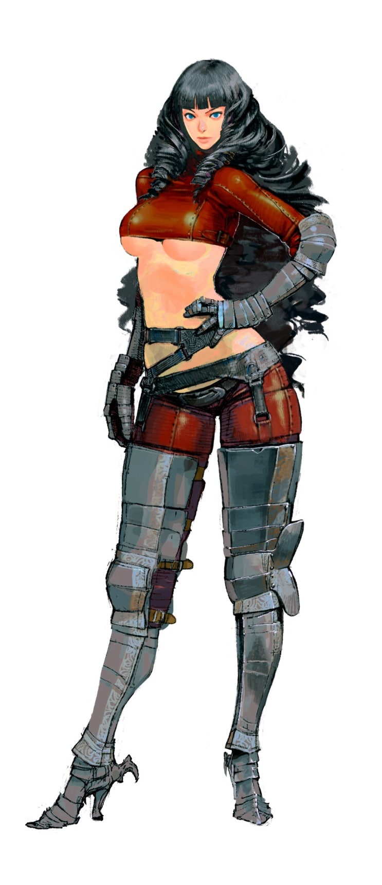 artist request, character request, tagme, 1girl, armor, black hair, breasts, lowleg, lowleg pants, midriff, pants, underboob