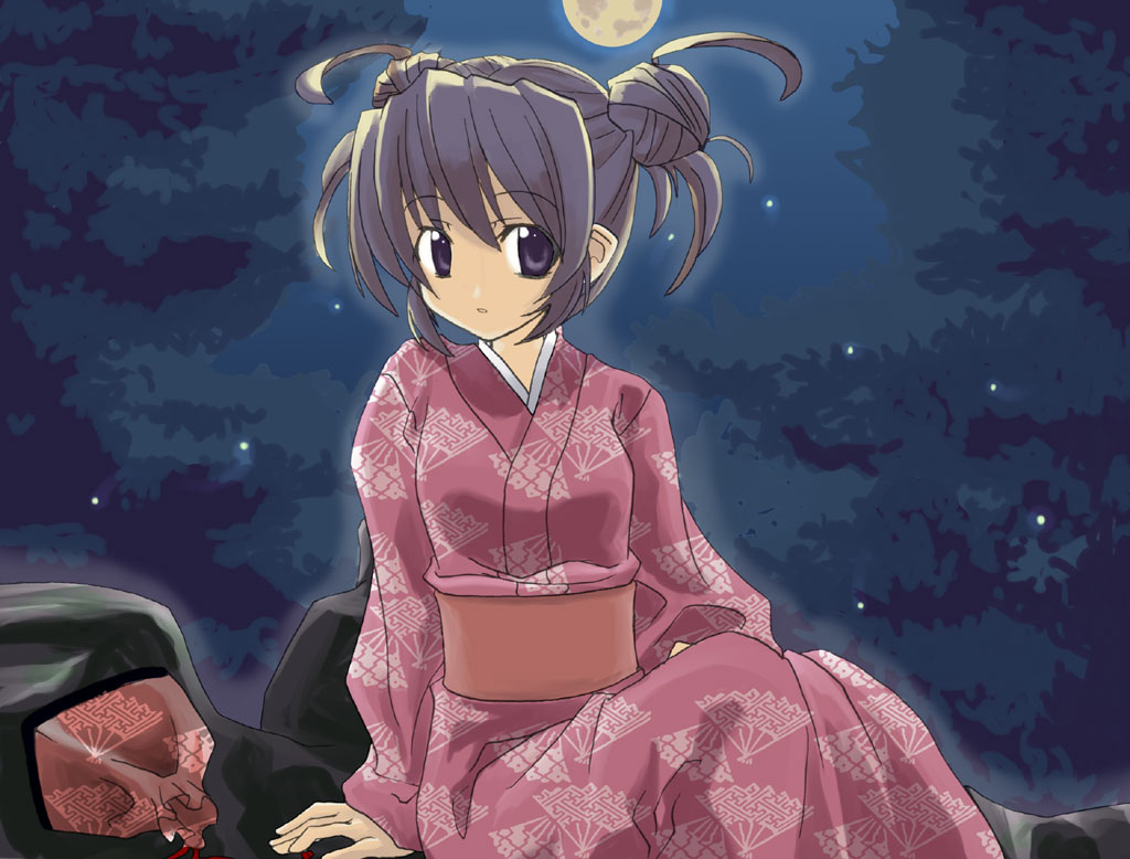 kabocha, kabocha (monkey4), 1girl, double bun, female focus, hair bun, japanese clothes, kimono, moon, night, solo