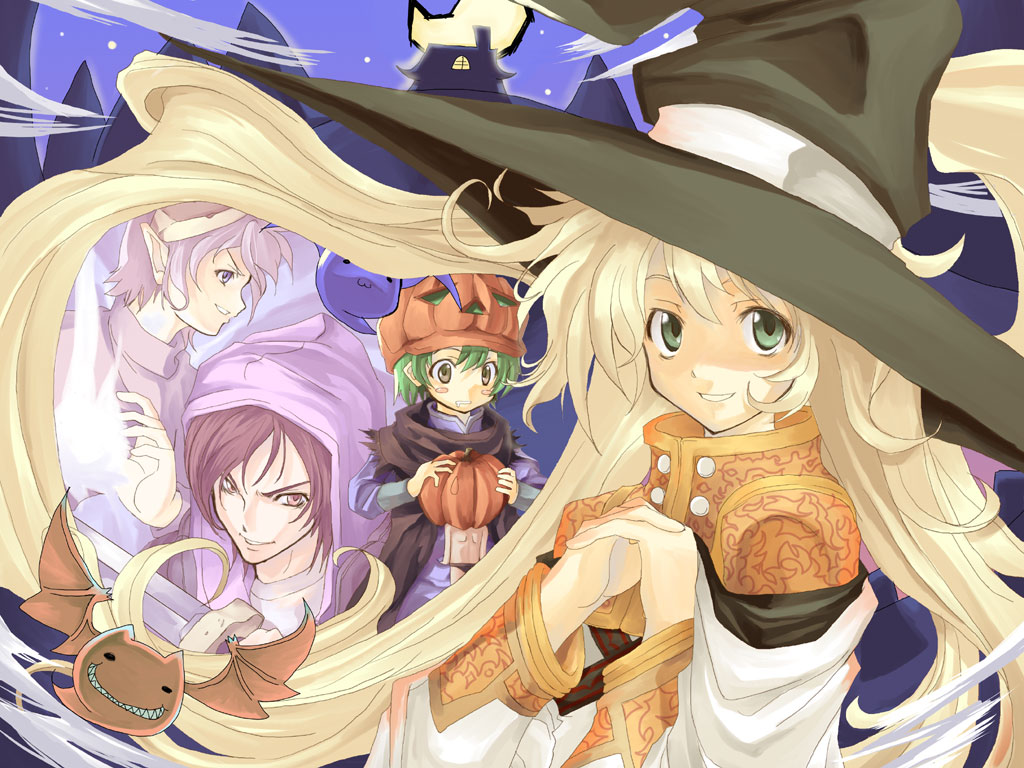 kabocha, kabocha (monkey4), 2boys, 2girls, blonde hair, green eyes, halloween, hat, jack-o'-lantern, long hair, multiple boys, multiple girls, pumpkin, pumpkin hat, smile, very long hair, witch hat