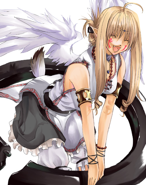 kabocha, kabocha (monkey4), original, 1girl, angel wings, brown hair, fang, female focus, long hair, monster girl, pointy ears, solo, tail, wings